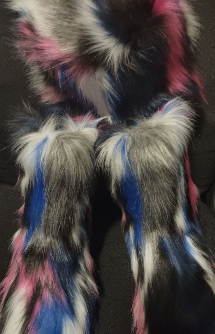 Pink Blue and Gray Furry Hat and Boot Set